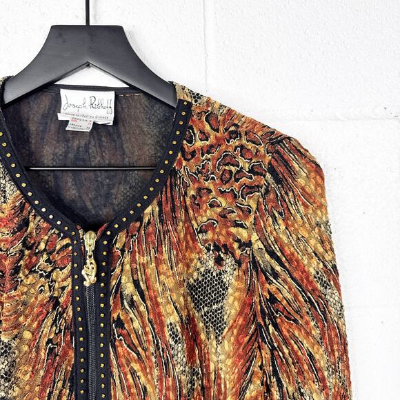 Joseph Ribkoff Vintage Tapestry Zip Jacket Brown Animal Print Studded - Picture 7 of 8